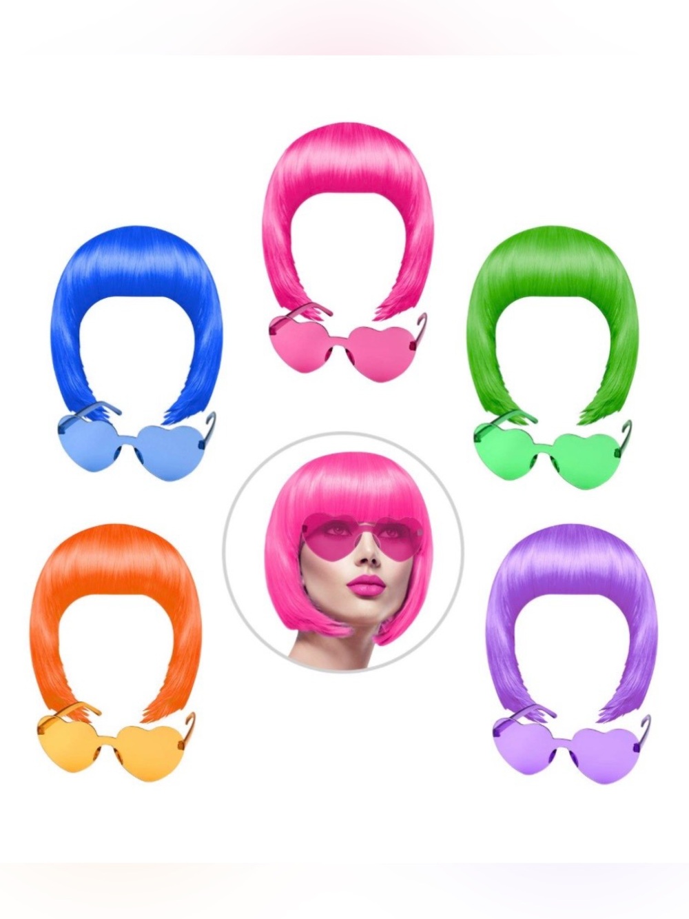 RETRO Neon Costume Bob Wigs & Heart Glasses Women’s 10 pc Set